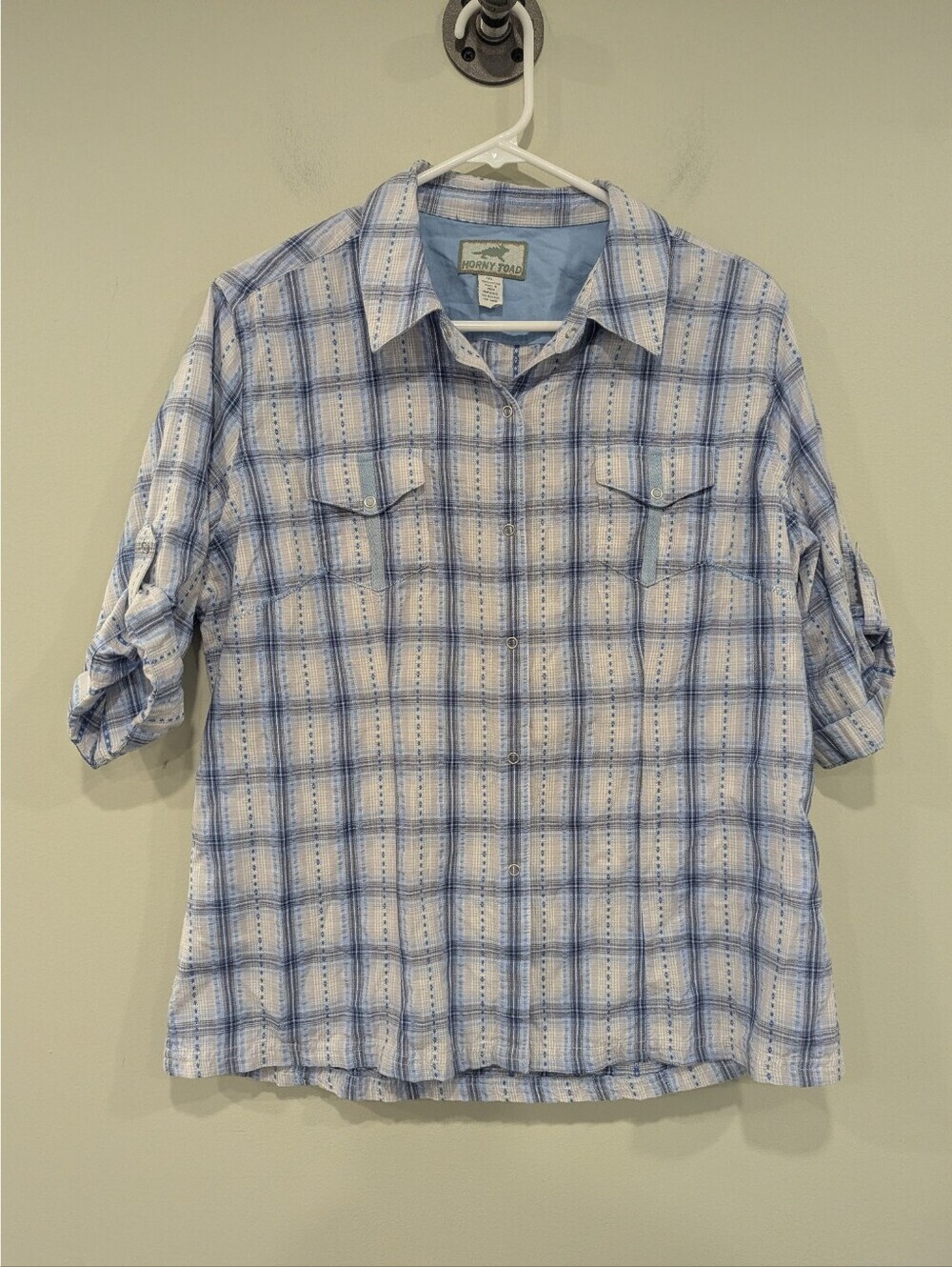 Horny Toad Blue Plaid Windowpane Snap Up Collared Cotton Shirt Size XL